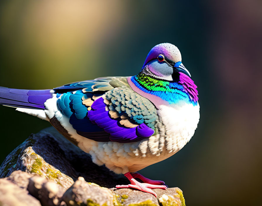 Colorful pigeon with blue and green feathers on a rock in soft-focus background