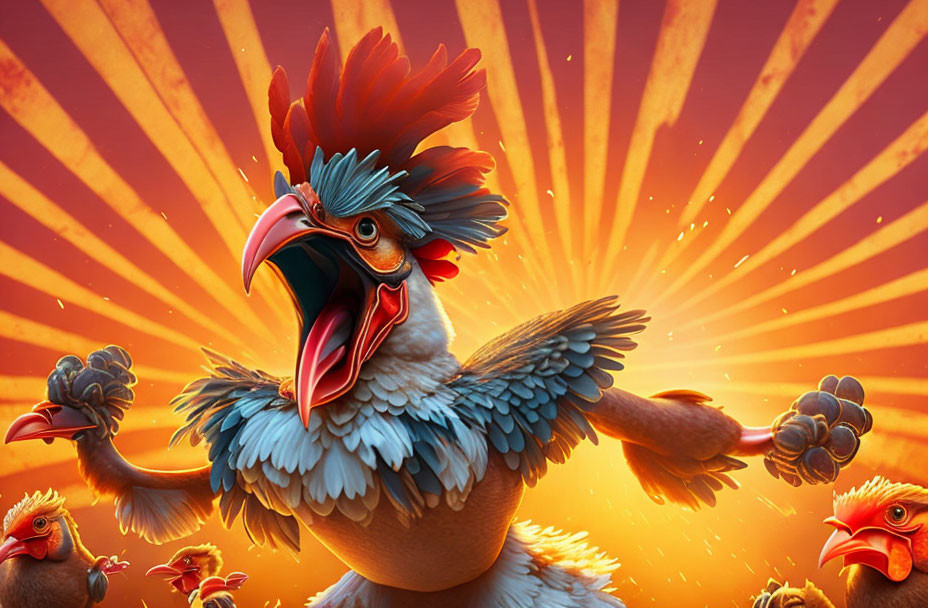 Exaggerated Expressions on Animated Roosters with Spread Wings