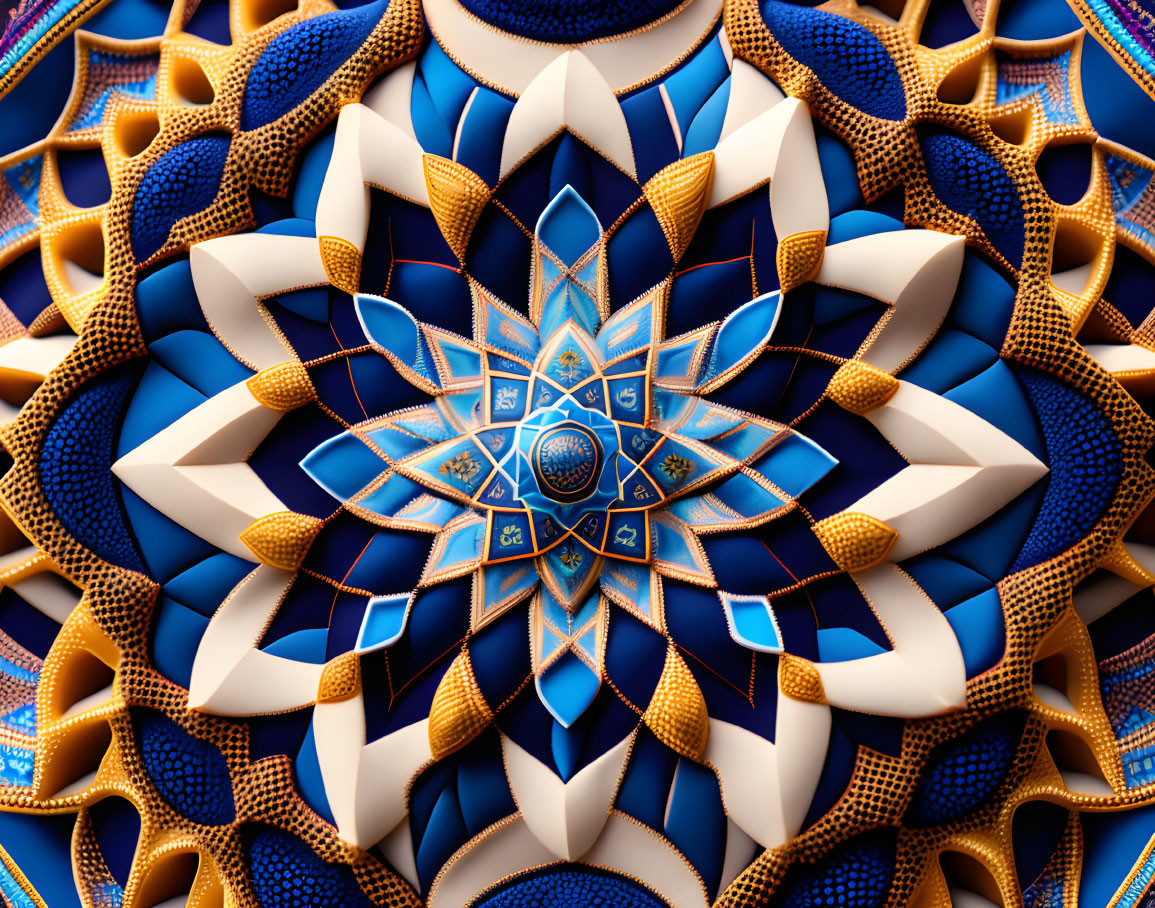 Blue and Gold Fractal Mandala with Symmetrical Floral Patterns