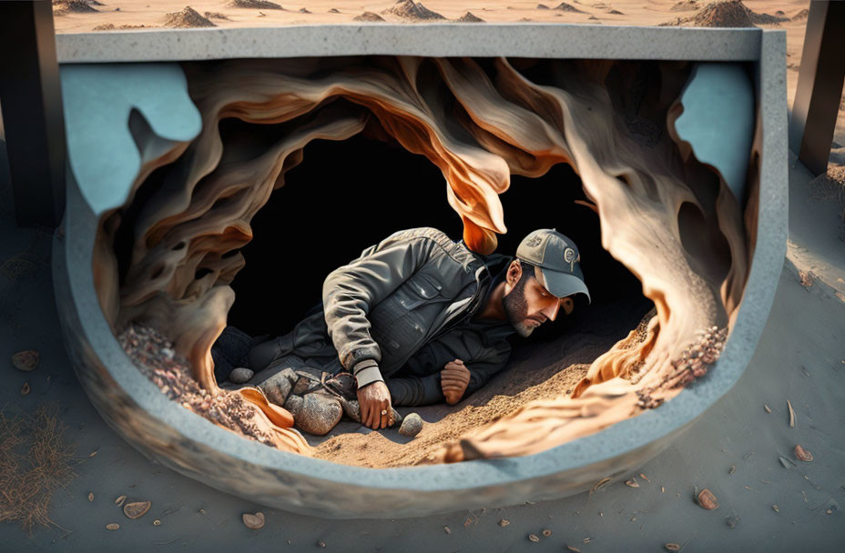 Person in jacket and cap in sandy underground burrow illustration.