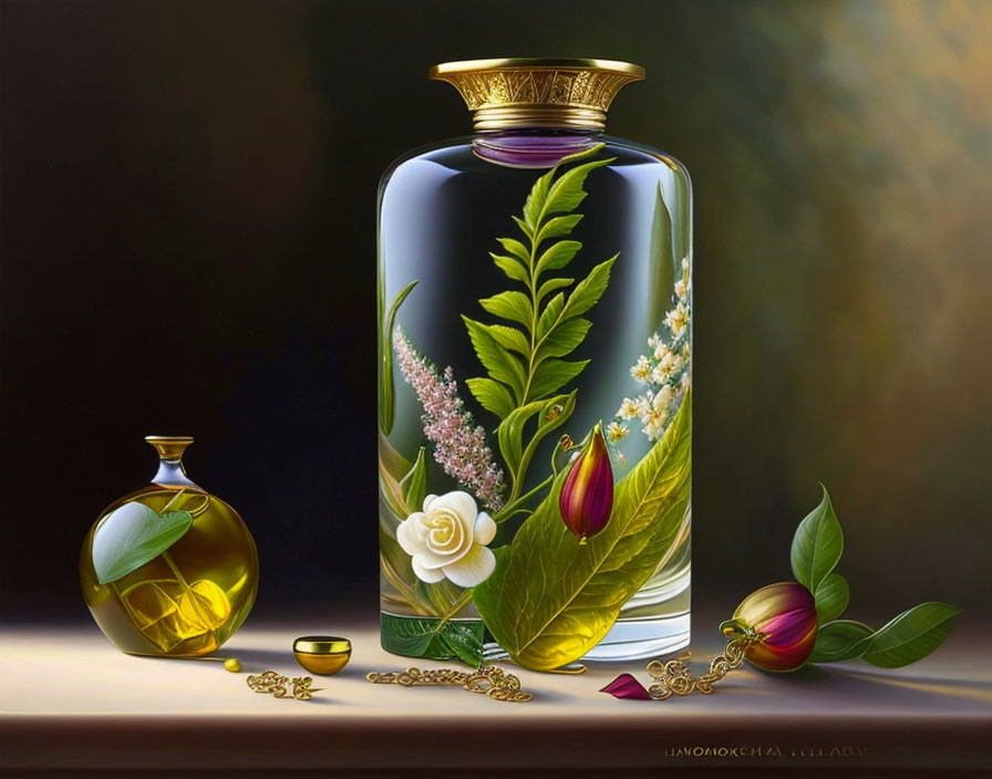 Ornate Glass Perfume Bottles Painting with Flowers and Jewelry