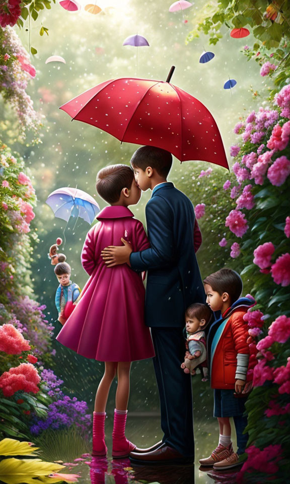 Romantic couple kissing under red umbrella with blooming flowers, children watching.