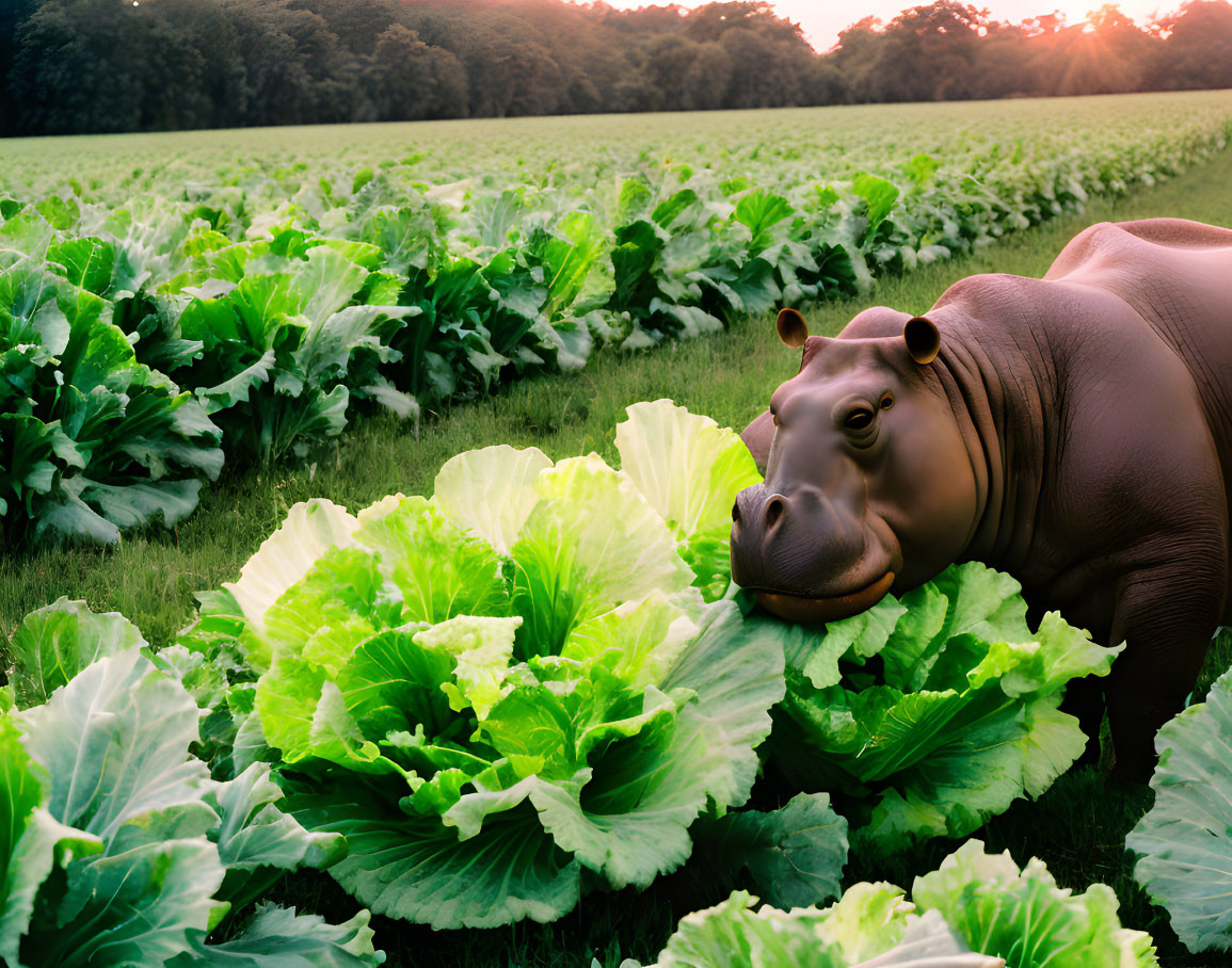 Whimsical hippopotamus head in lush green lettuce at sunset