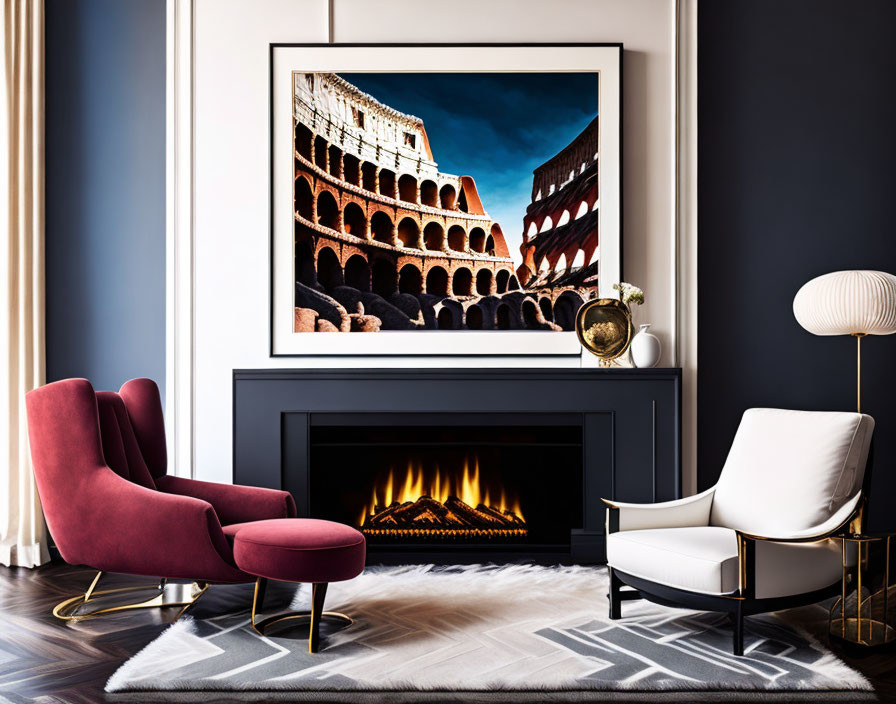 Spacious living room with Colosseum painting, fireplace, armchair, chair, and lamp