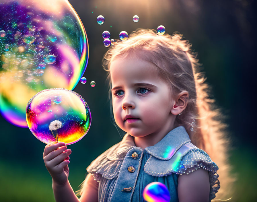 Young girl mesmerized by dandelion turning into bubble in magical scene