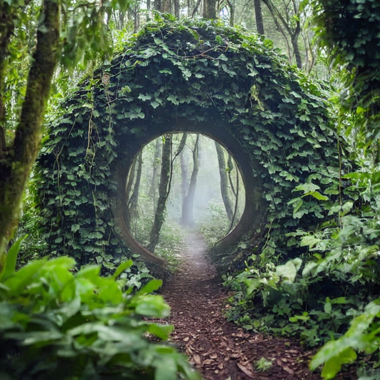 Ivy-covered archway in misty forest with lush green foliage