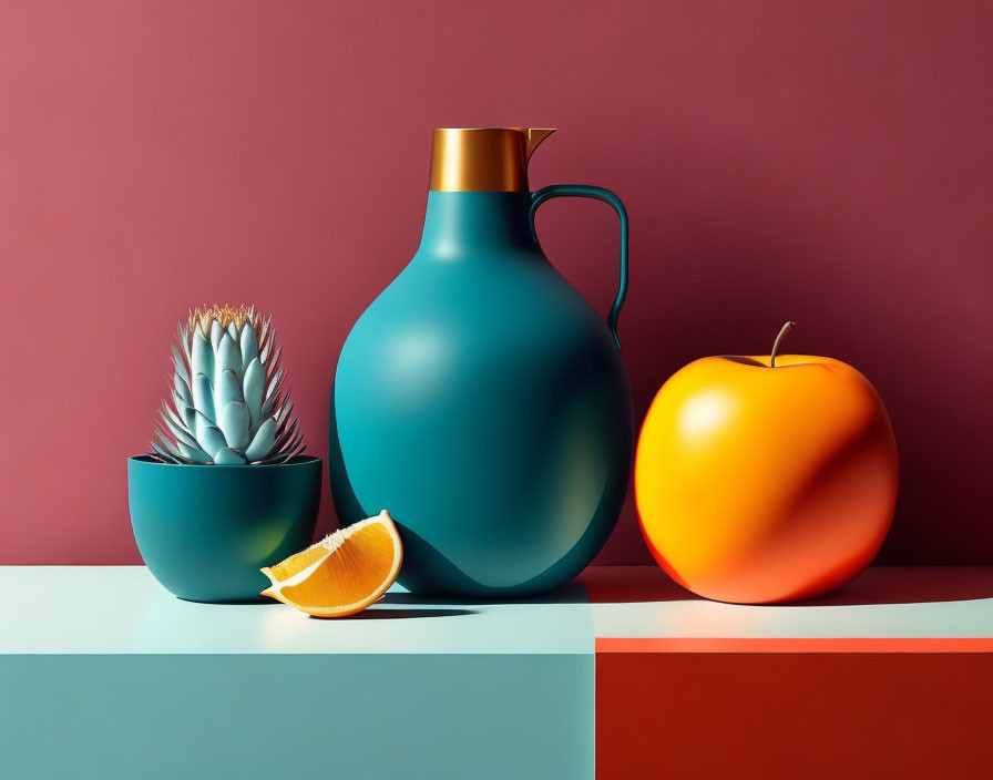 Colorful still life with teal pitcher, succulent, orange slice, and red apple on red background