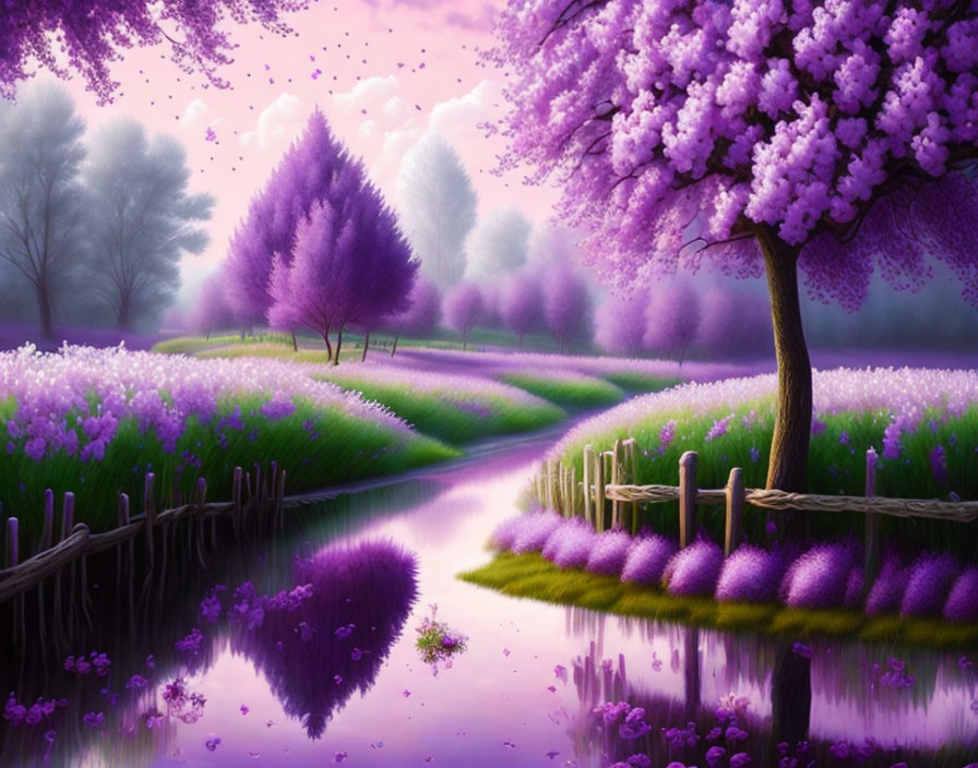 Tranquil landscape painting with purple trees, flowers, serene river, and wooden fence