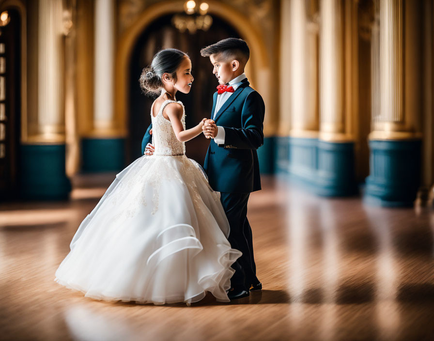 Young Children Holding Hands in Elegant Golden Hall