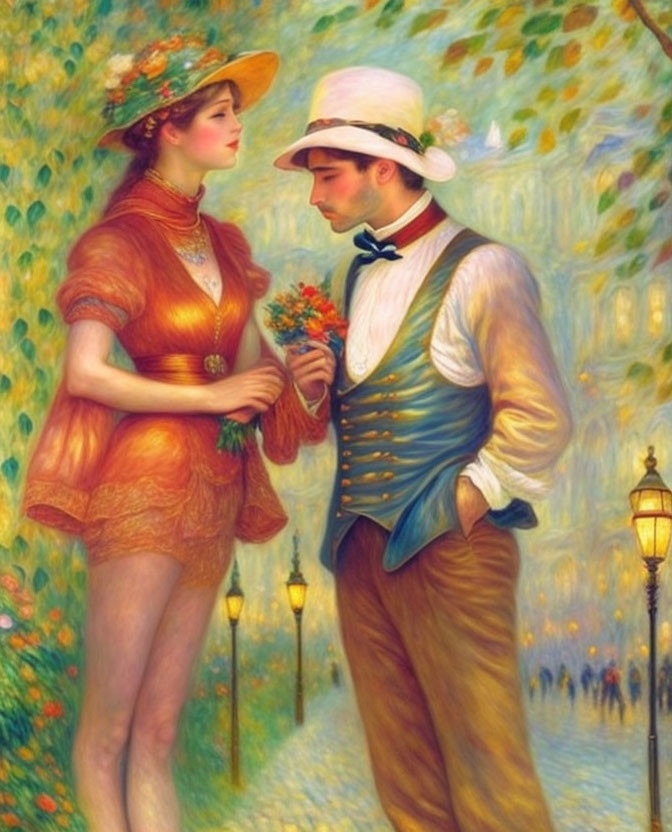 Vintage painting: Well-dressed couple in orange dress and blue vest sharing a moment.