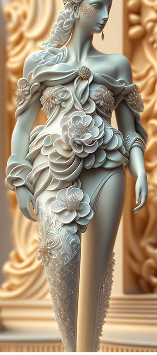 Stylized feminine figure in floral dress against baroque backdrop