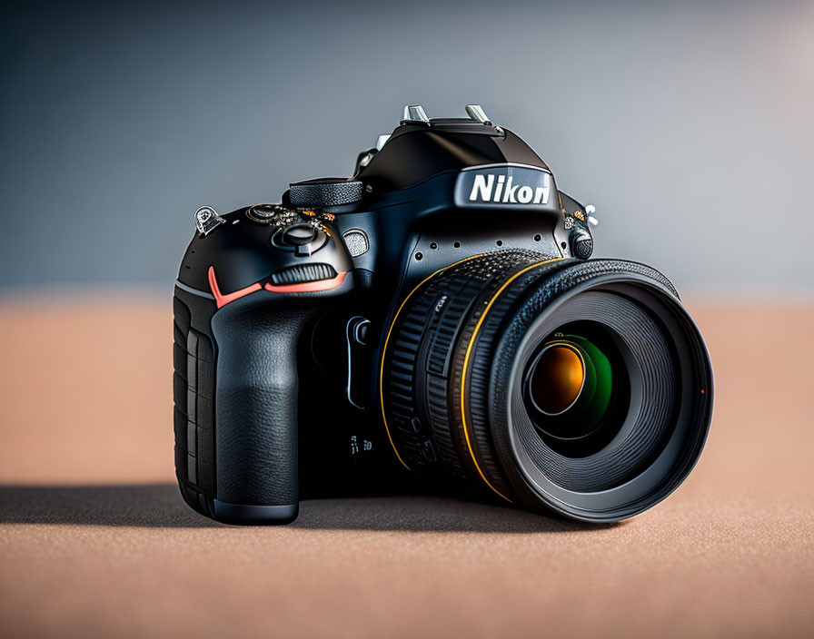 Large Lens DSLR Camera on Brown Surface with Blue Background