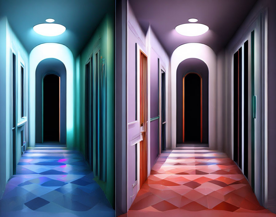 Symmetrical Hallways with Colorful Lighting and Patterned Floors