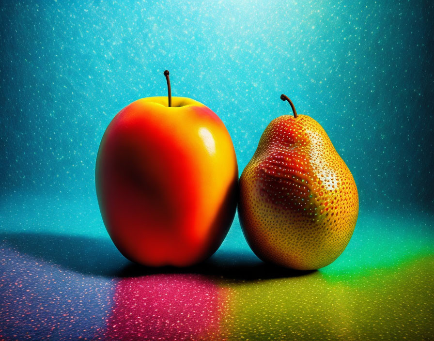 Colorful red apple and speckled pear on gradient surface with blue backlight.