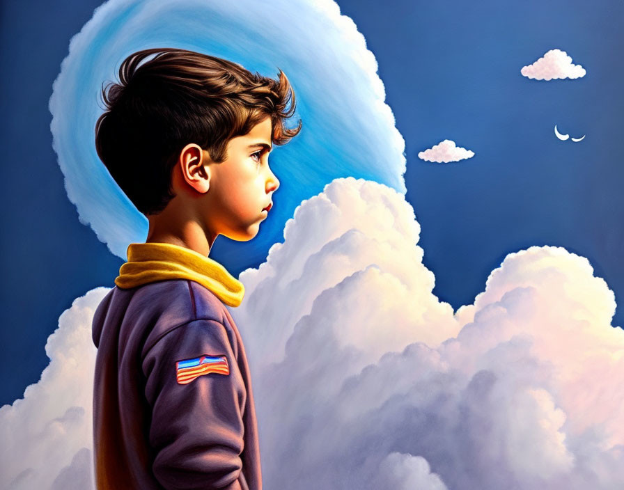 Young boy in jacket with flag patch against surreal sky backdrop