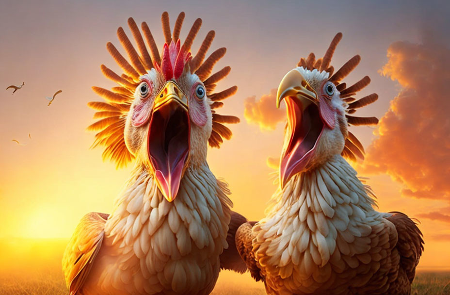 Exaggerated animated chickens at sunrise with flying birds