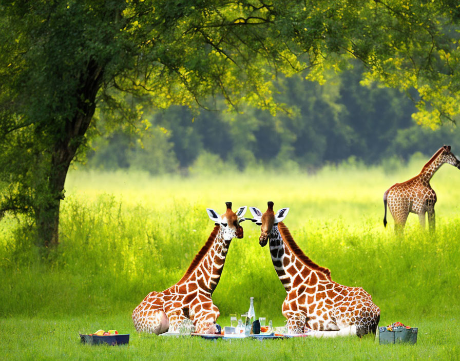 Two giraffes with picnic setup in green field and lush trees under clear sky