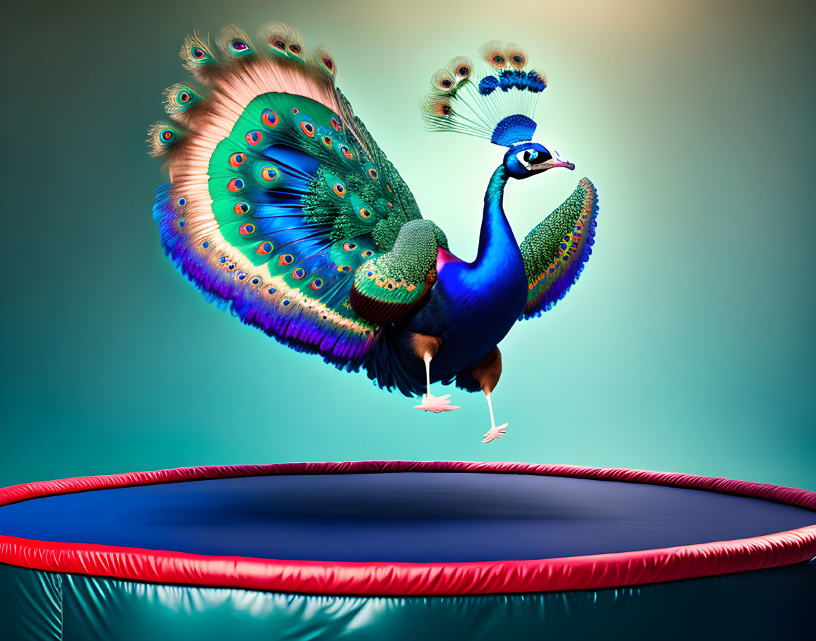 Colorful peacock jumping on blue trampoline against green-blue gradient