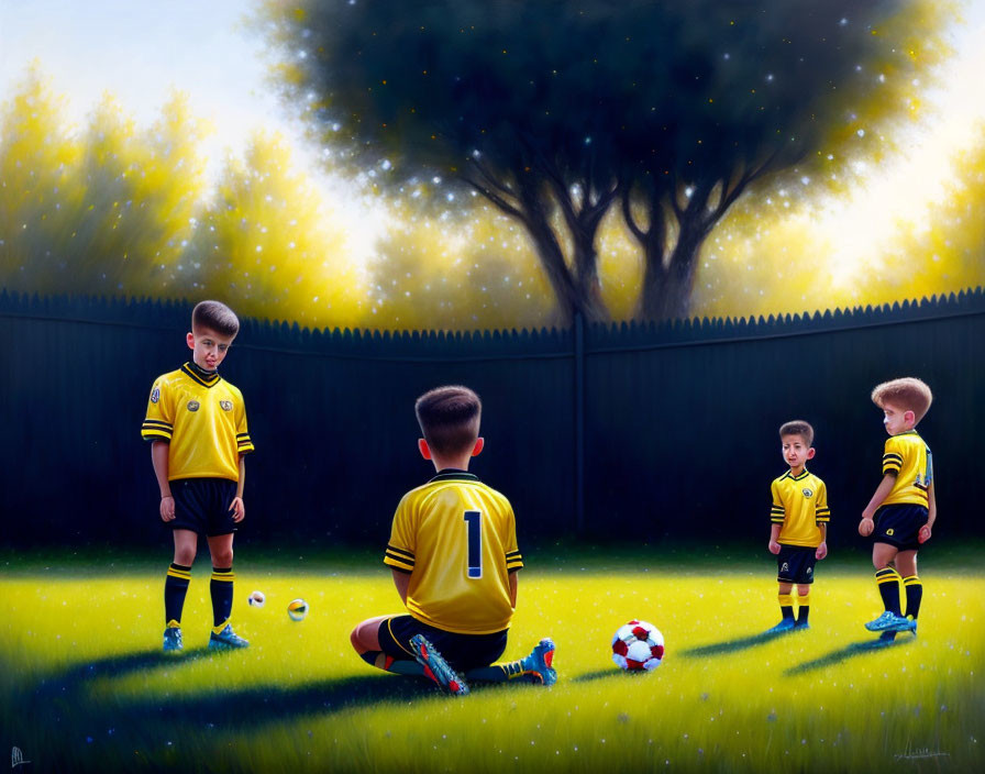 Four young boys in yellow and black soccer kits on grassy field with trees in background.