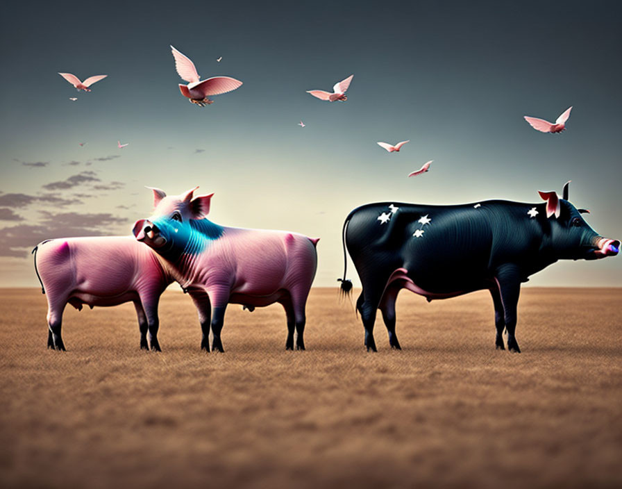 Stylized celestial pigs under twilight sky with flying piglets