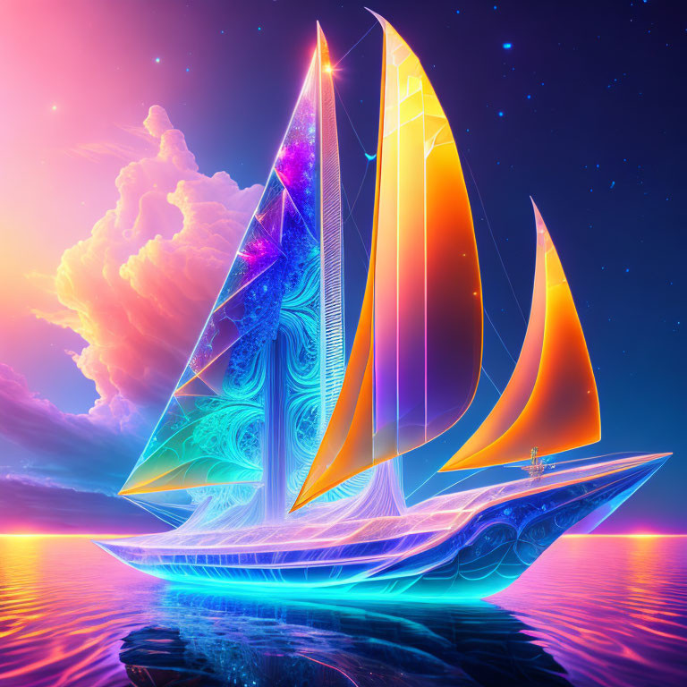 Colorful sailboat sailing on calm water at sunset