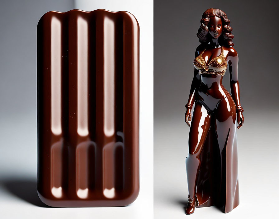 Glossy Chocolate Sculpture with Melting Bar and Stylish Woman Figure