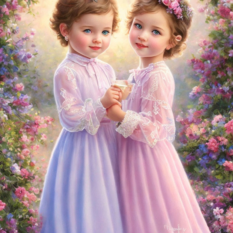 Young girls in pastel dresses embrace in blooming garden