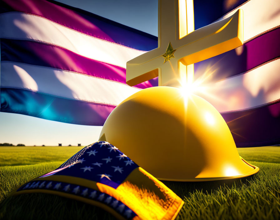 Golden firefighter helmet on grass with US flag, cross, star, and purple stripes.