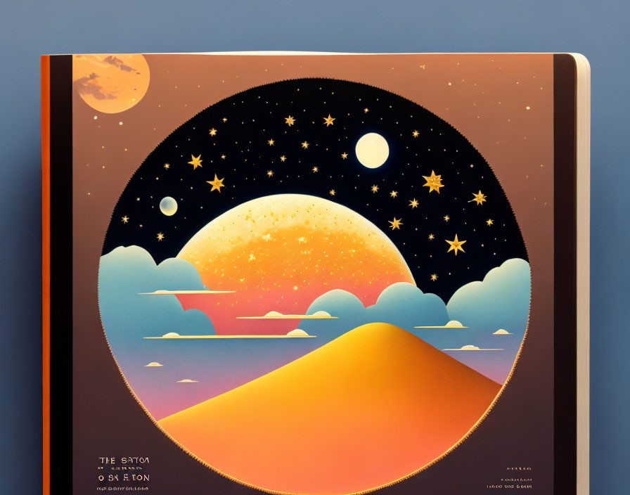 Stylized sunset scene on book cover with mountains and stars