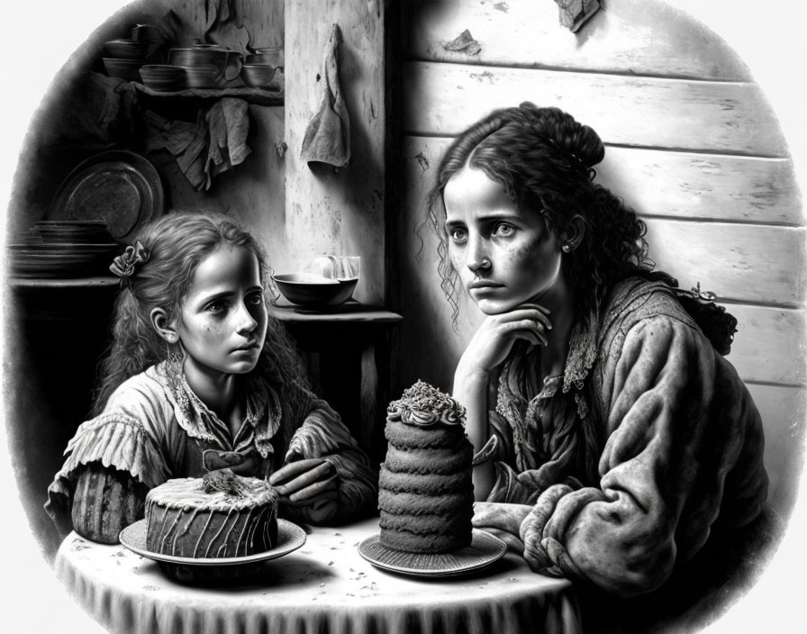 Two girls at table with cakes in vintage monochrome setting