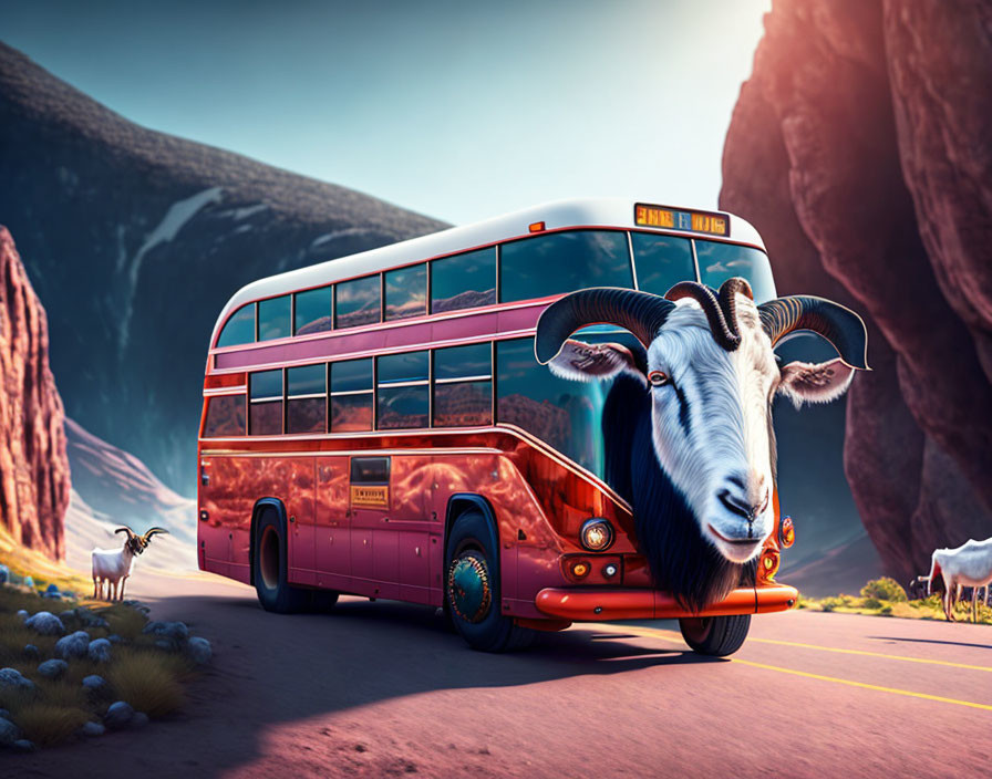 Surreal red bus with oversized goat head grille in desert canyon scene