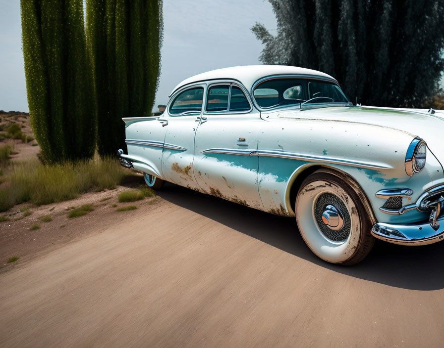 Vintage White Car with Rust Patches on Dirt Road surrounded by Greenery