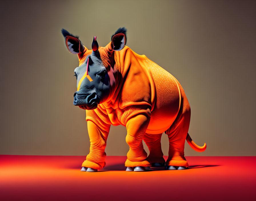 Stylized orange rhinoceros with white horns on orange background