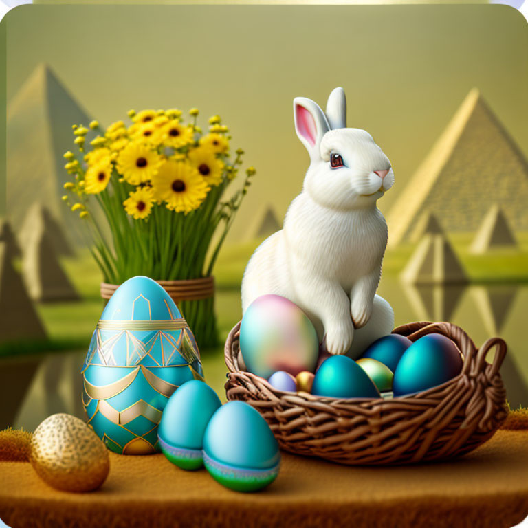 White rabbit with Easter eggs, daffodils, and pyramids in background