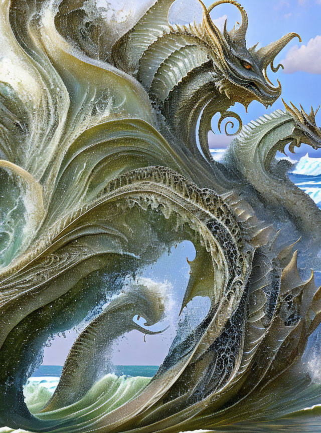 Digital artwork featuring intricate dragon figures merging with majestic sea waves