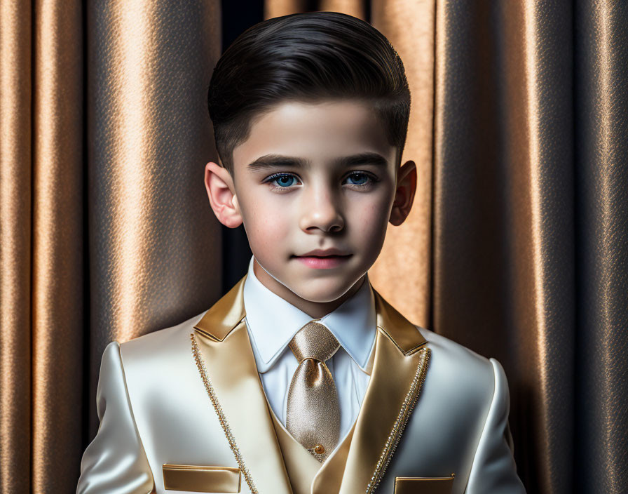 Young boy in cream suit with gold trim and white tie against dark curtain.