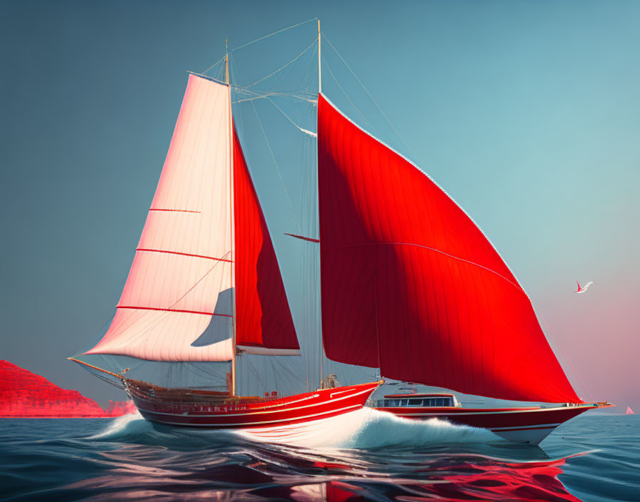 Red sailboat on water with coastal landscape and bird in red hazy backdrop