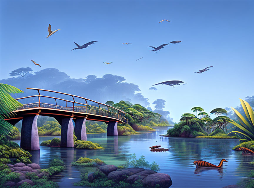 Tranquil landscape with wooden bridge, river, greenery, rocks, birds, and Loch Ness