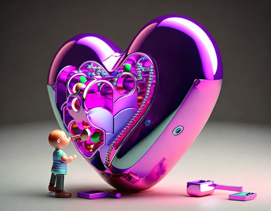 Child blowing bubbles into heart-shaped metallic object with mechanical design