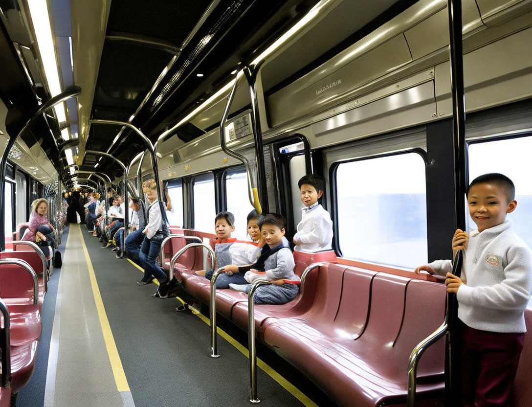 Children in uniforms smiling inside modern train carriage