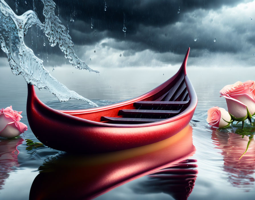 Red Canoe Floating Among Pink Roses in Tranquil Water under Stormy Sky