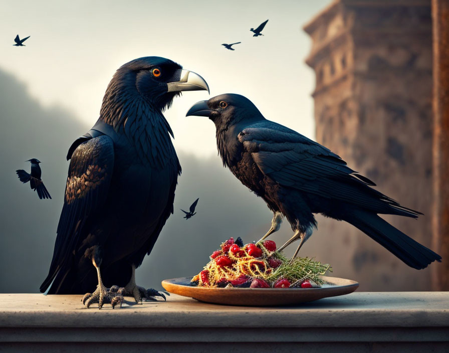 Pair of ravens on balcony railing with plate of berries in misty morning.