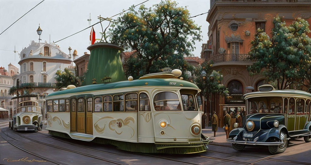 Vintage Street Scene with Trams and Classic Car in Early 20th Century Style