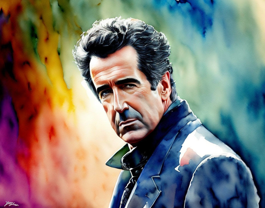 Colorful Watercolor Portrait of Confident Man in Dark Suit