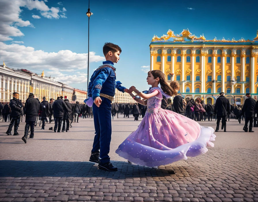 Children in formal attire dancing near ornate building in square