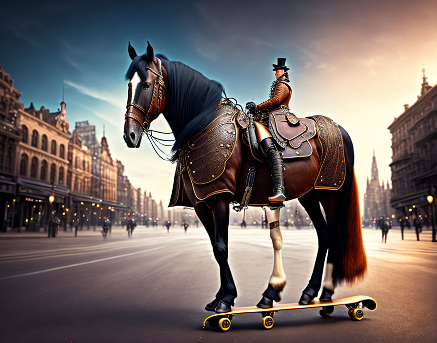 Horse with rider in top hat on skateboard in city street at dusk