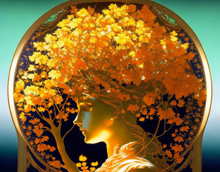 Art Nouveau Style Woman Profile Blending into Tree in Autumn Scene