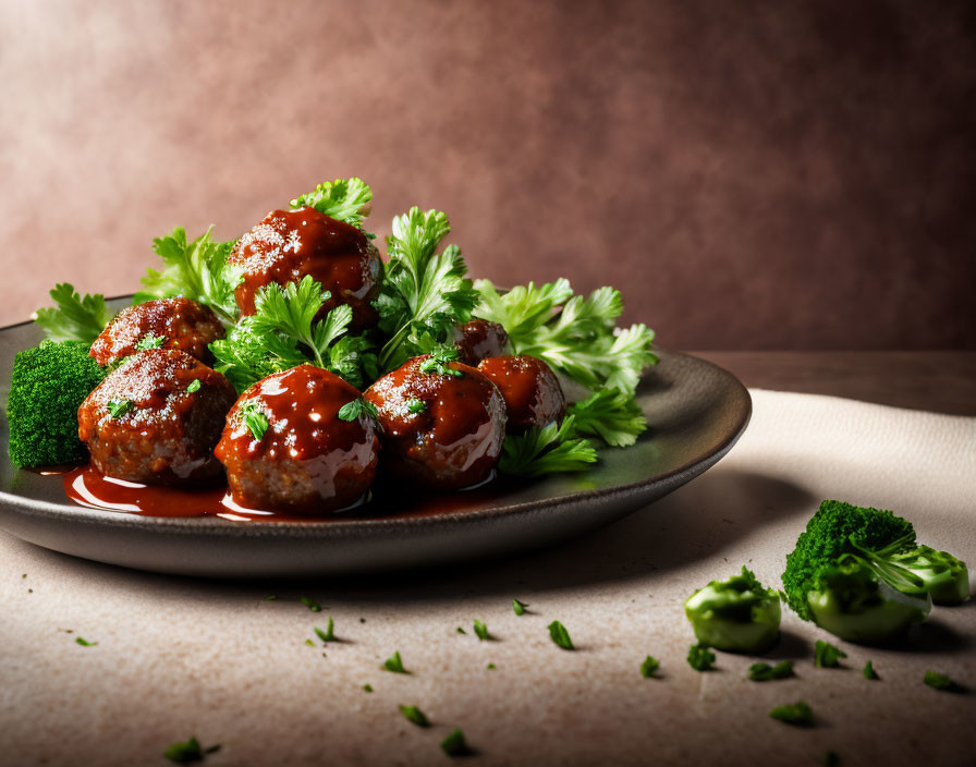 Savory meatballs with sauce, parsley, broccoli, and herbs on a plate