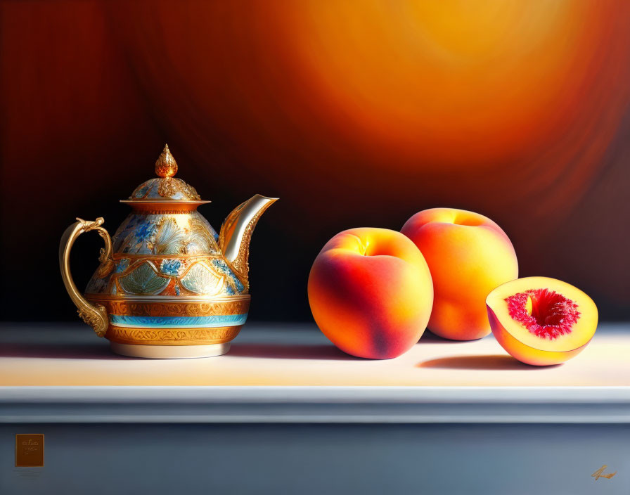 Intricate blue and gold teapot with vibrant peaches on reflective surface