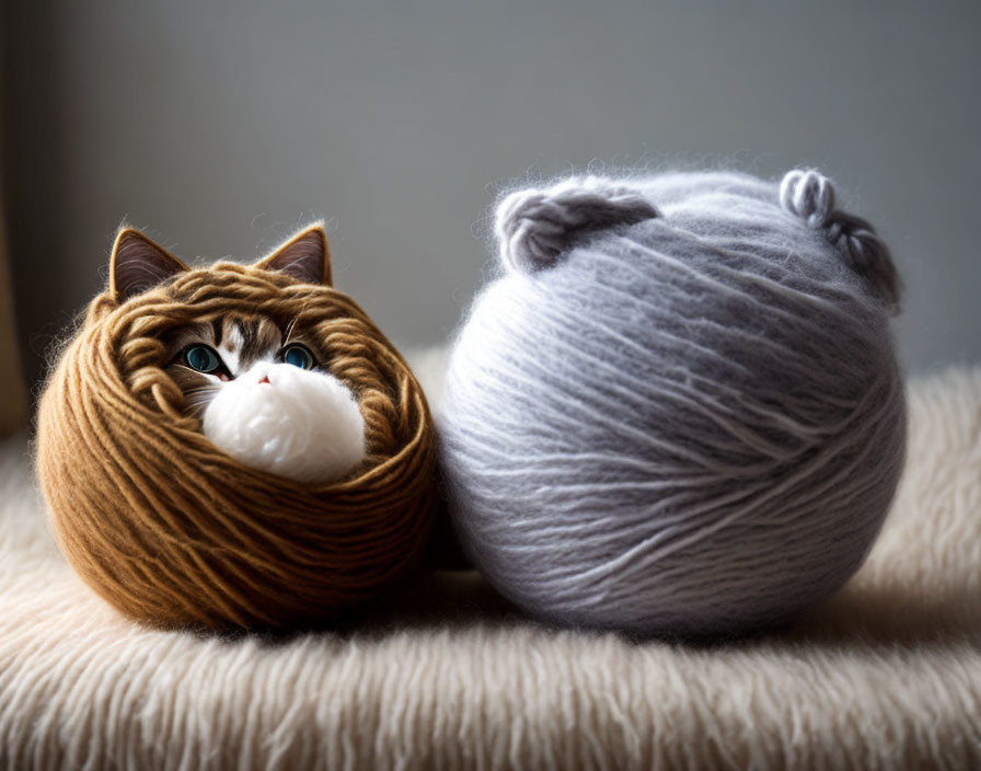 Brown and gray yarn balls with a cat on soft surface